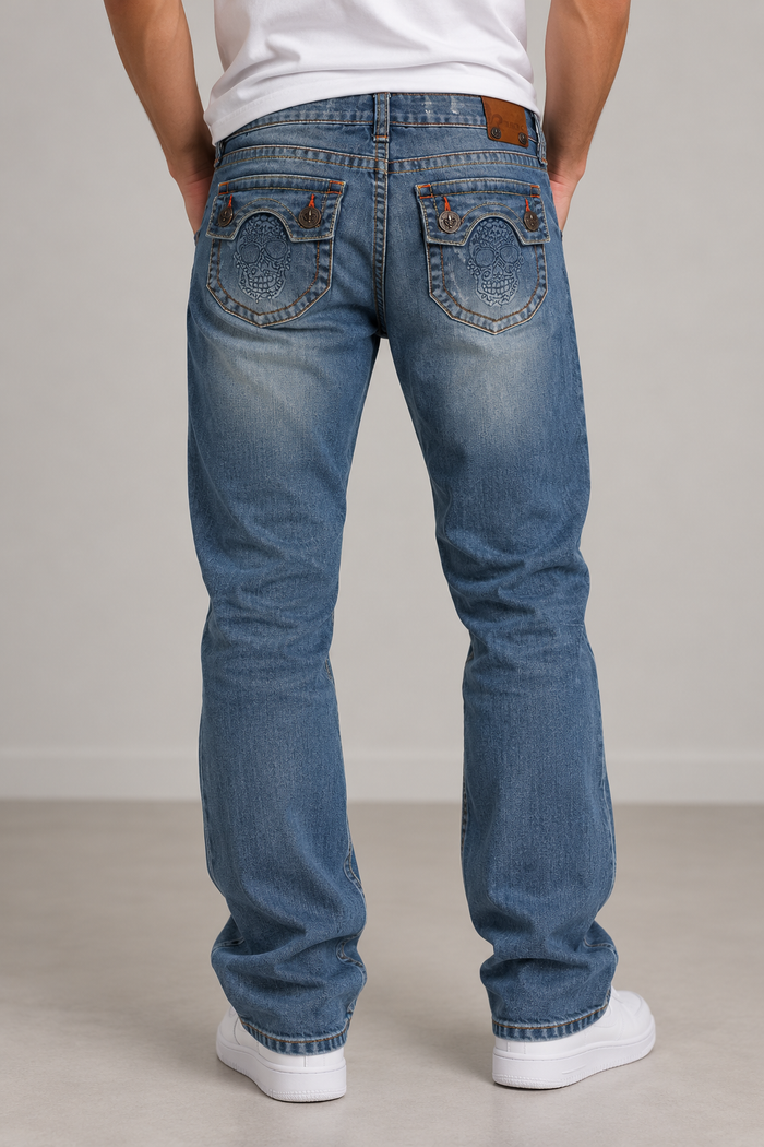 LBJC Laguna Beach Jeans Co. Herren Jeans Blau W30 Bootcut Skull Destroyed