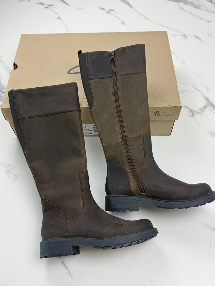 Clarks Orinoco2 Hi Damen Lederstiefel Dunkelbraun Gr. 36
