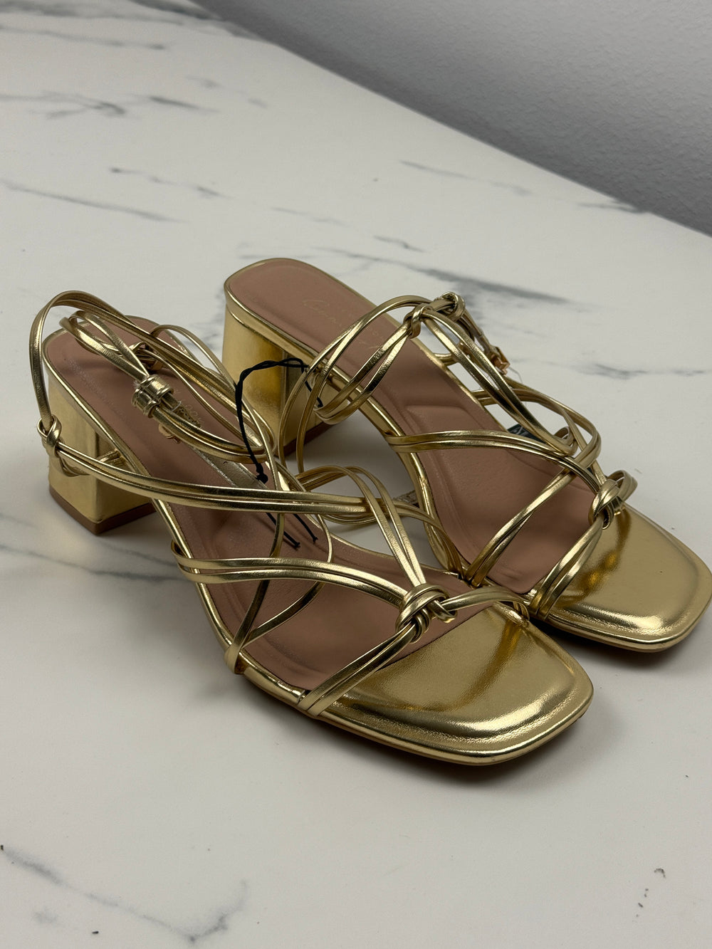 New Look Wide Fit Damen Sandalen Gold Blockabsatz Gr. 41 Neu mit Etikett