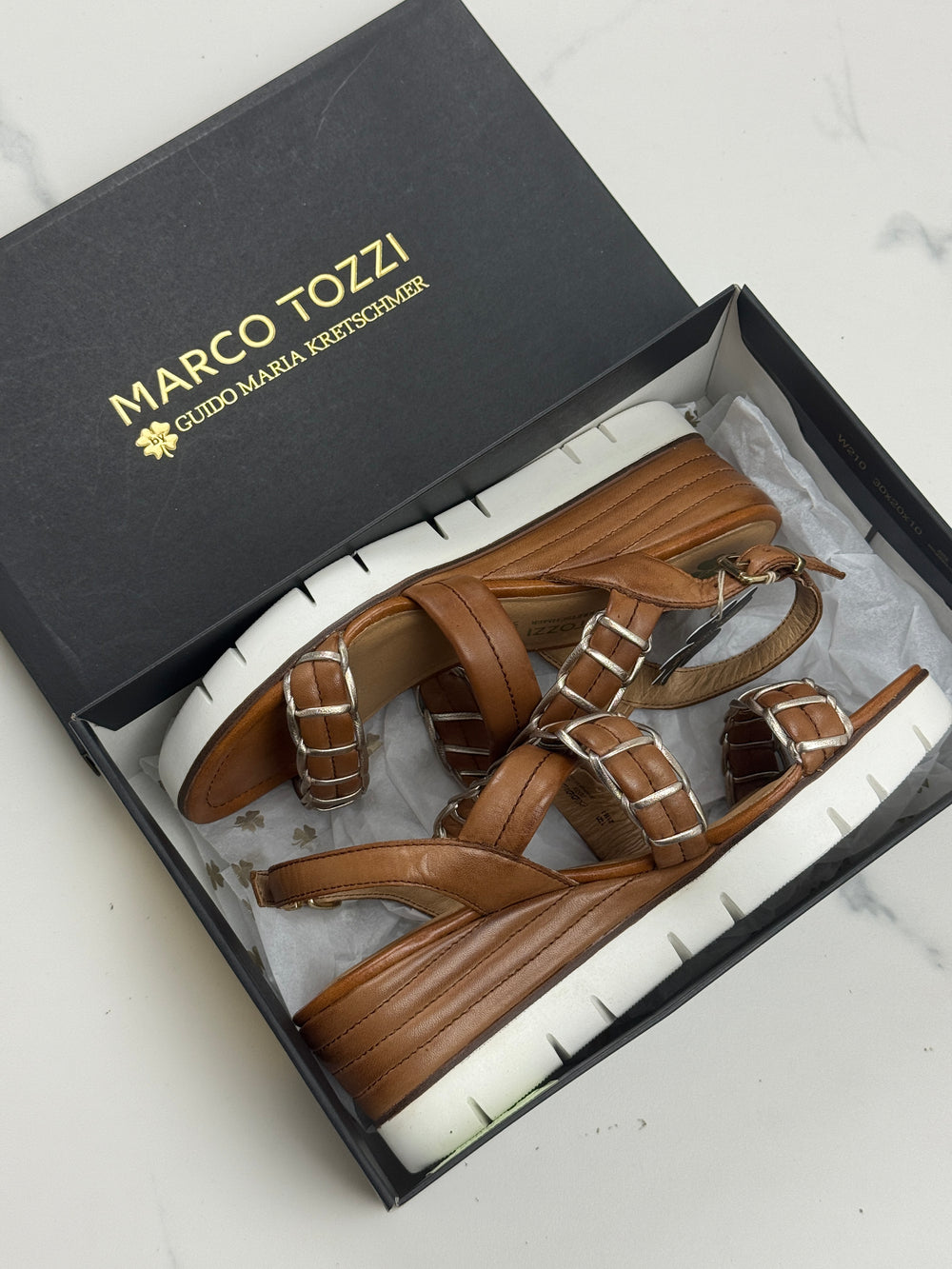 Marco Tozzi by Guido Maria Kretschmer Damen Keilsandalen Cognac Gr. 40 Neu mit Etikett