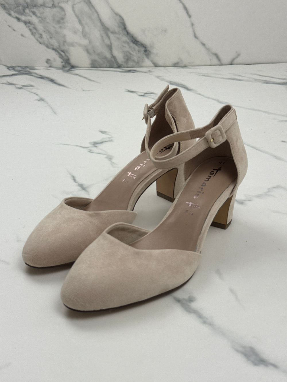 Tamaris Damen Pumps Beige Veloursoptik Riemchen Blockabsatz Gr. 41