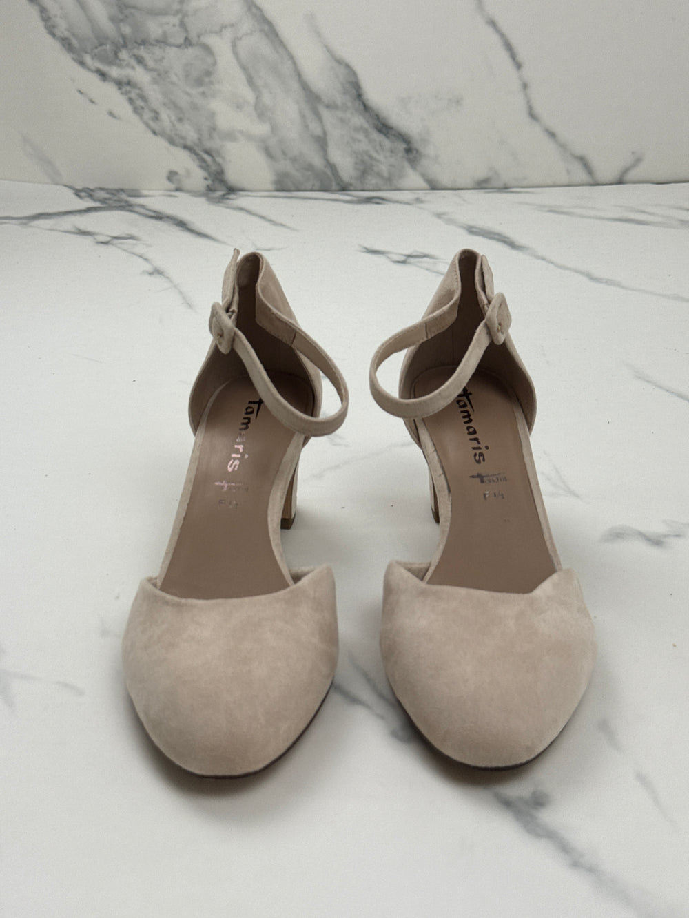 Tamaris Damen Pumps Beige Veloursoptik Riemchen Blockabsatz Gr. 41