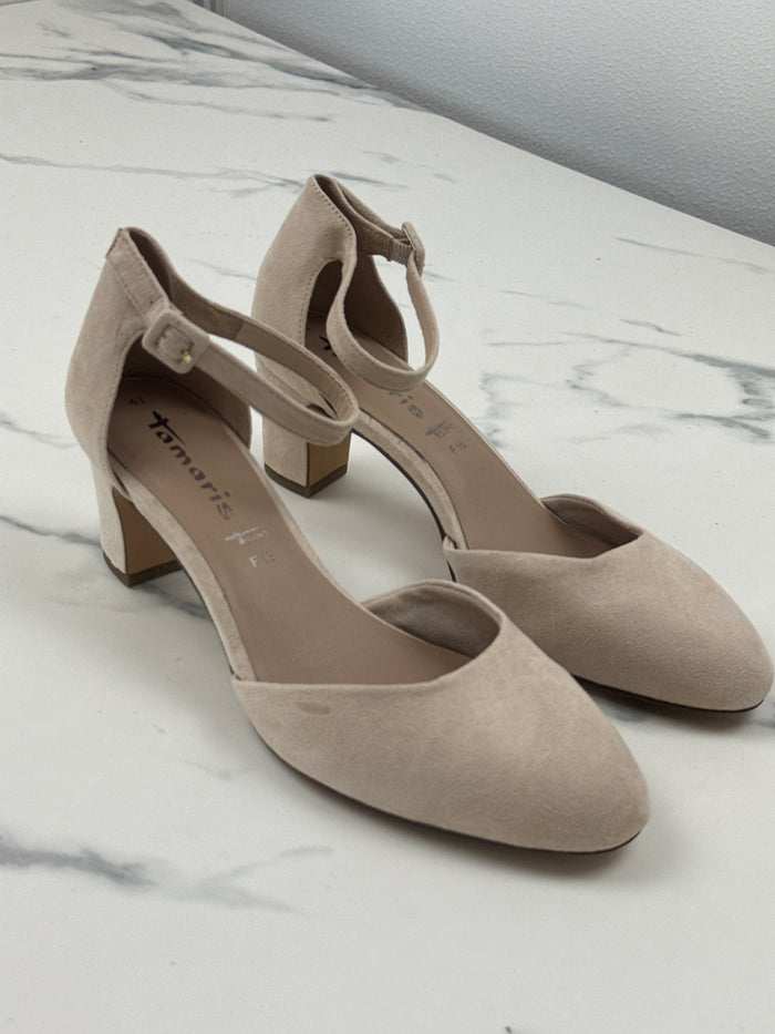 Tamaris Damen Pumps Beige Veloursoptik Riemchen Blockabsatz Gr. 41