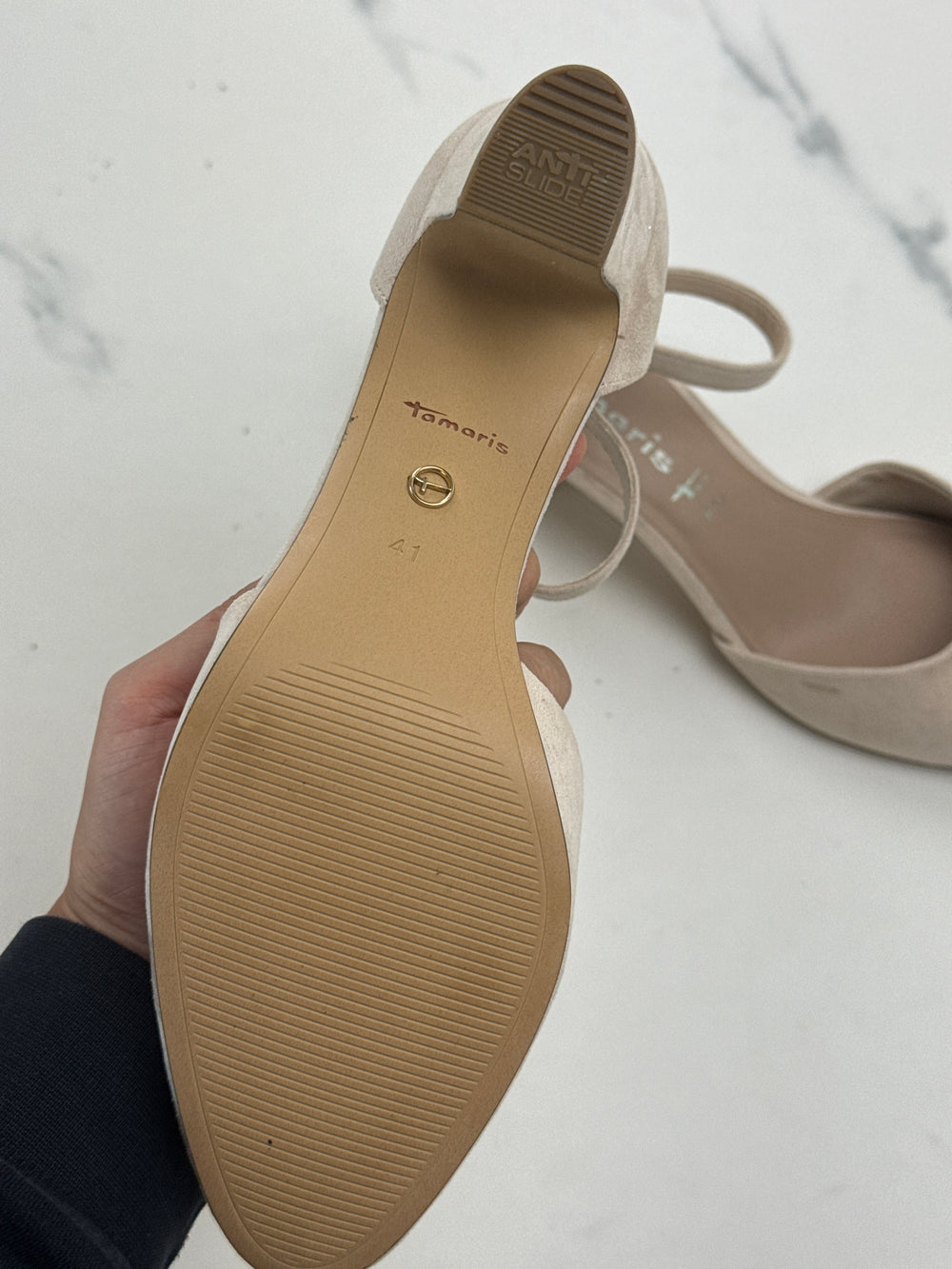 Tamaris Damen Pumps Beige Veloursoptik Riemchen Blockabsatz Gr. 41