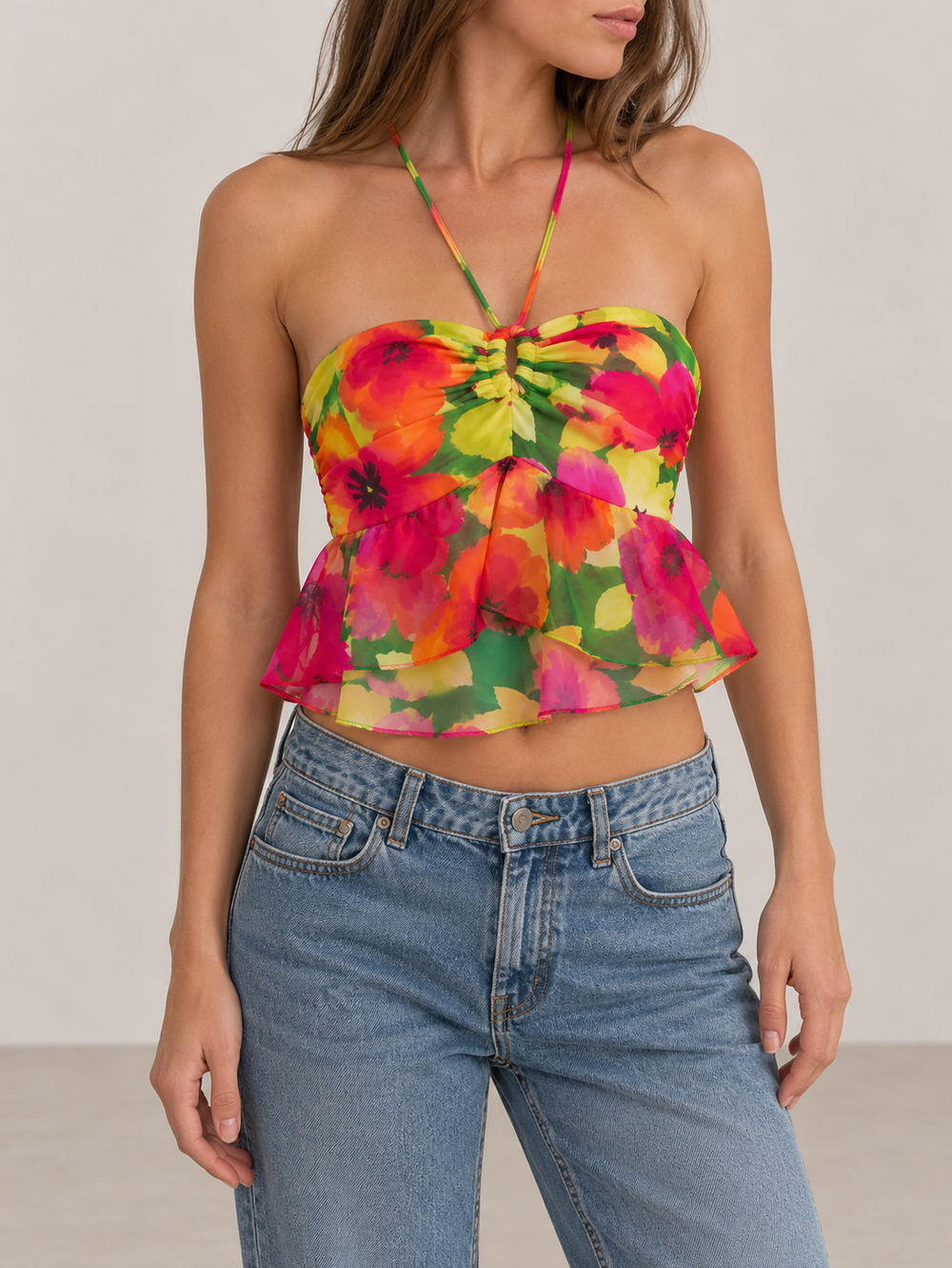 Bershka Damen Blumen Peplum Neckholder Top Bunt Gr. S