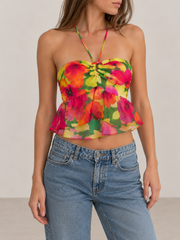 Bershka Damen Blumen Peplum Neckholder Top Bunt Gr. S