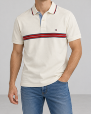 Tommy Hilfiger Herren Poloshirt Creme Rot Dunkelblau Gestreift Gr. M 100% Baumwolle