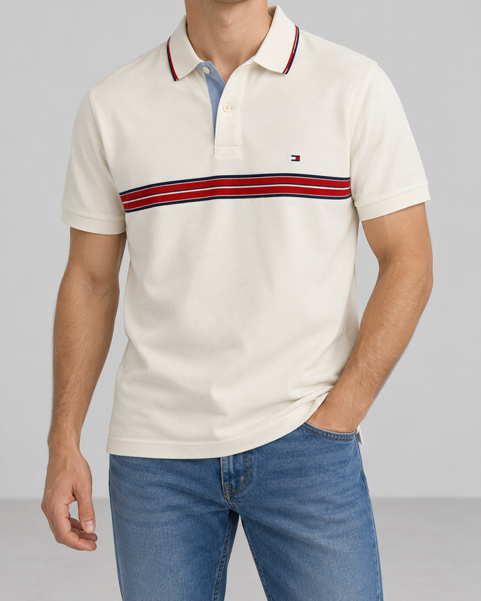 Tommy Hilfiger Herren Poloshirt Creme Rot Dunkelblau Gestreift Gr. M 100% Baumwolle
